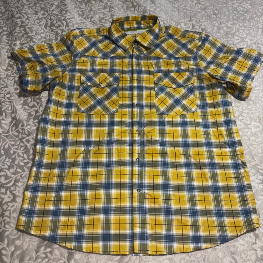 Magellan Outdoors Shirt Mens L Yellow Blue Plaid MagWick Adventure Gear F46